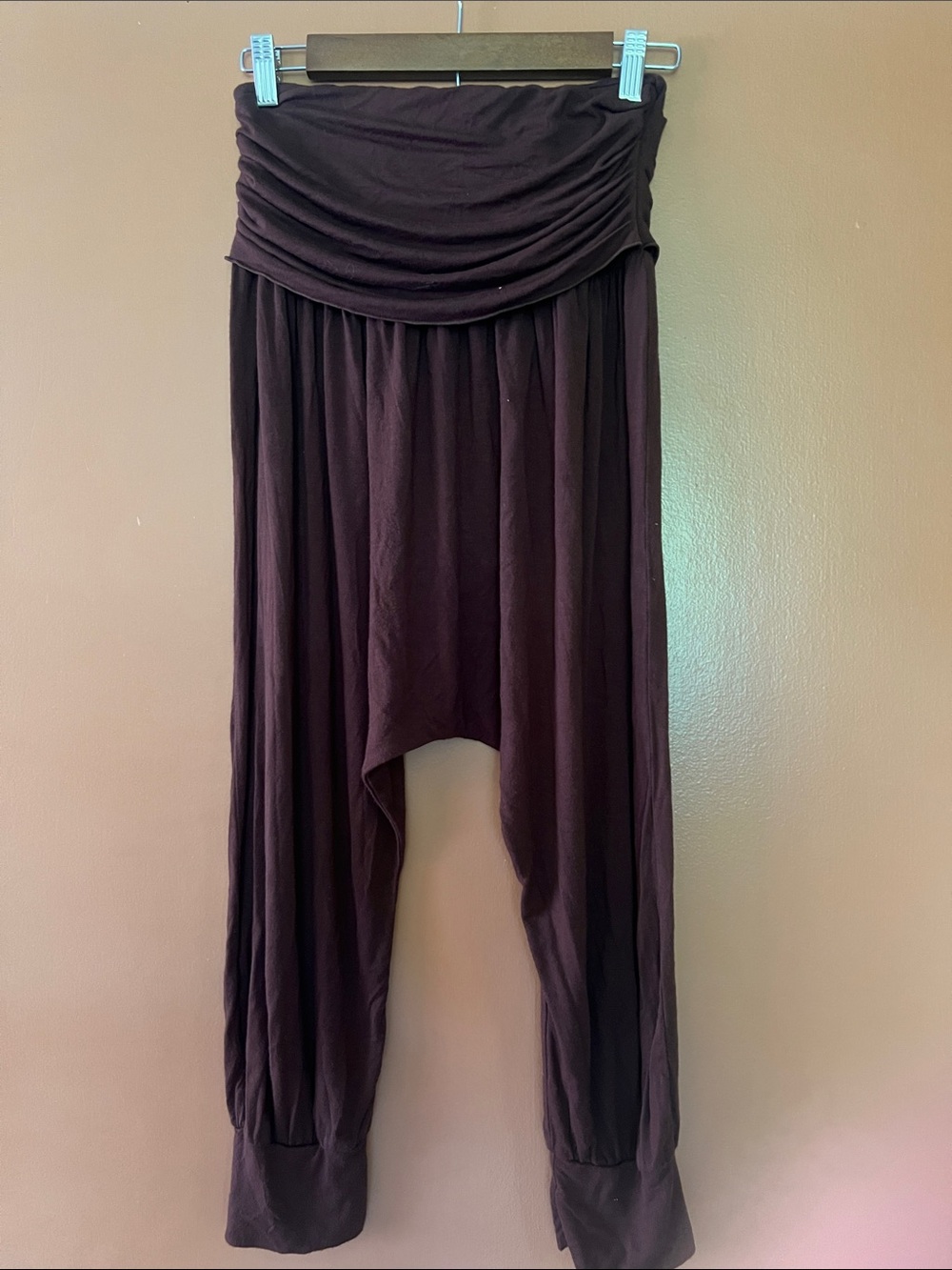 Draped Stretch Harem Pants in Chocolate brown